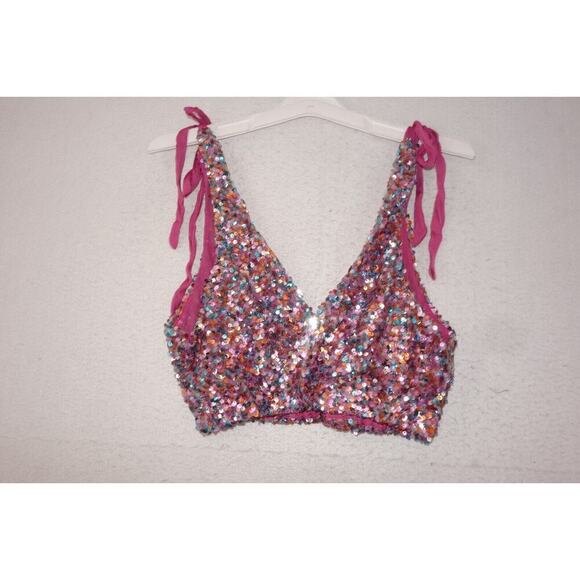 NEW Free People Intimately Big Night Sequin Crop Top Pink Women's Small - Picture 6 of 7